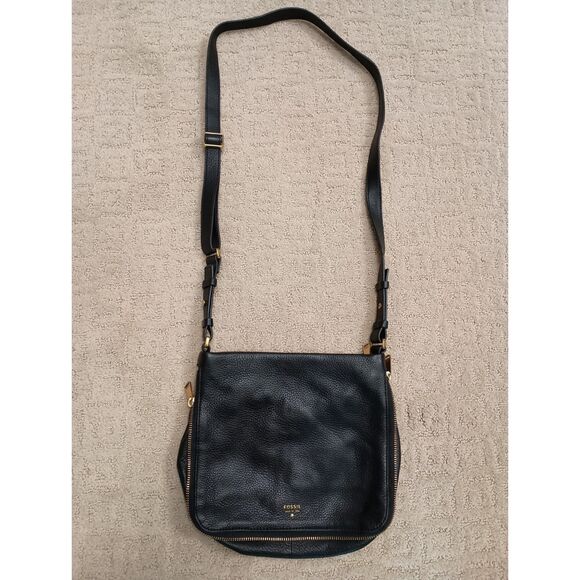 Fossil Purse Black Leather Crossbody Pebble Preston Expandable - Picture 1 of 9